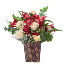 White Roses and Red Astromelias in a Harlequin Box