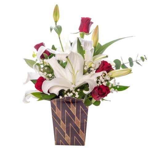 Red Rose and White Lily in Harlequin Box