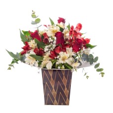 Red roses, White and Red Astromelias in a Harlequin Box