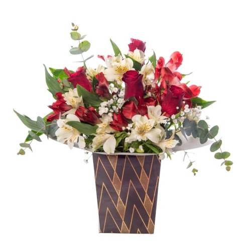 Red roses, White and Red Astromelias in a Harlequin Box