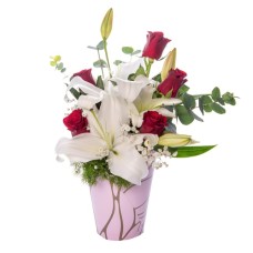 Red Rose and White Lily in Pink Decorative Box