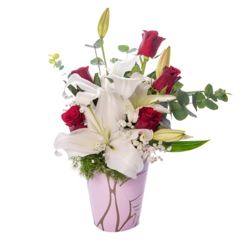 Red Rose and White Lily in Pink Decorative Box