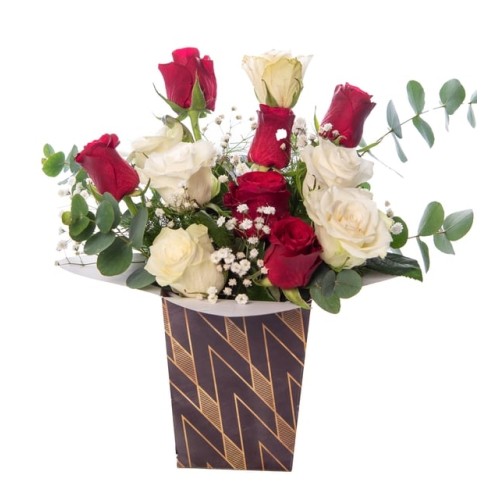 Red Roses and White Roses in Harlequin Box