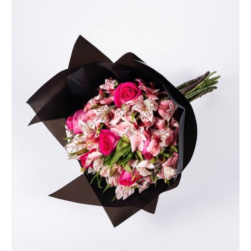 Bouquet of Pink Astromelias and Topaz Roses