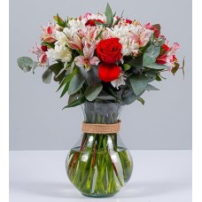 Fuchsia Astromelias, White Daisies and Red Roses in Vase