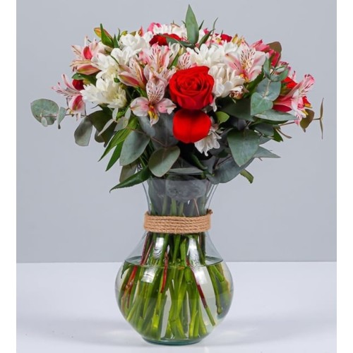 Fuchsia Astromelias, White Daisies and Red Roses in Vase
