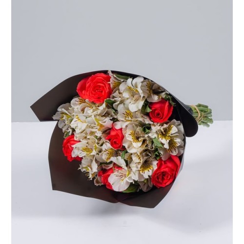 Bouquet Of Orange Roses And Astromelias