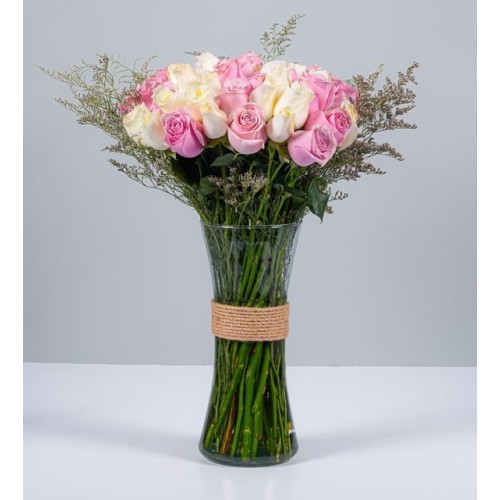 50 White And Pink Roses In A Vase