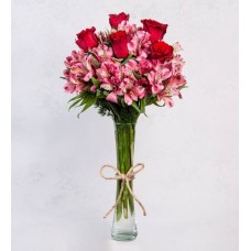 Pink Astromelias and Red Roses in Vase