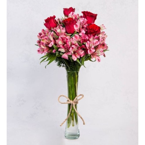 Pink Astromelias and Red Roses in Vase