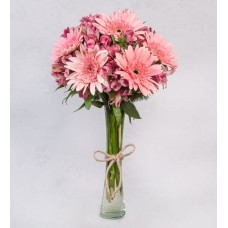 Pink Astromelias and Red Gerberas in Vase