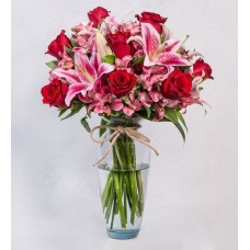 Pink Astromelias, Pink Lilies and Red Roses in a Vase