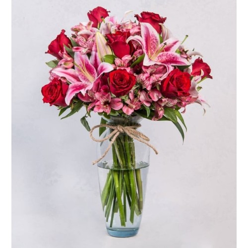 Pink Astromelias, Pink Lilies and Red Roses in a Vase