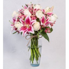 Pink Astromelias, Pink Lilies and White Roses in a Vase