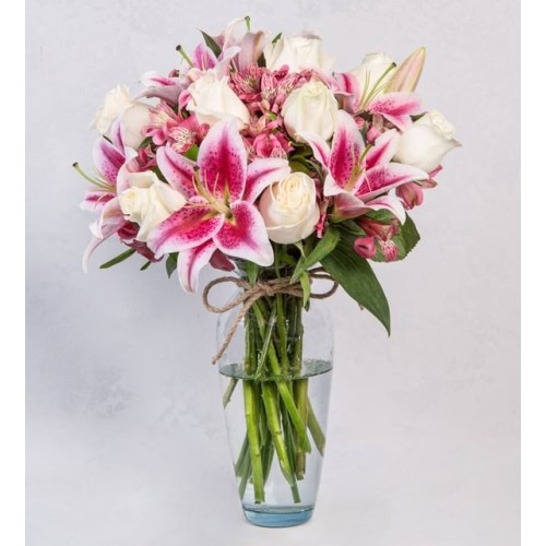 Pink Astromelias, Pink Lilies and White Roses in a Vase