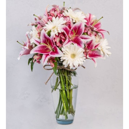 Pink Lilies, White Gerberas And Pink Astromelias