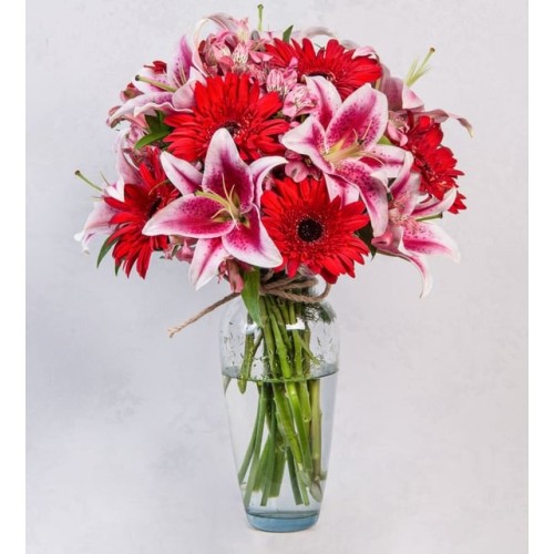 Pink Lilies, Red Gerbera And Pink Astromelia