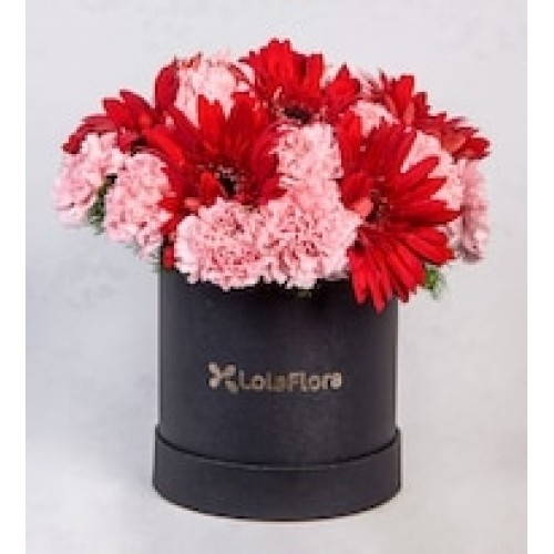 Red Gerberas and Pink Carnations in a Small Box