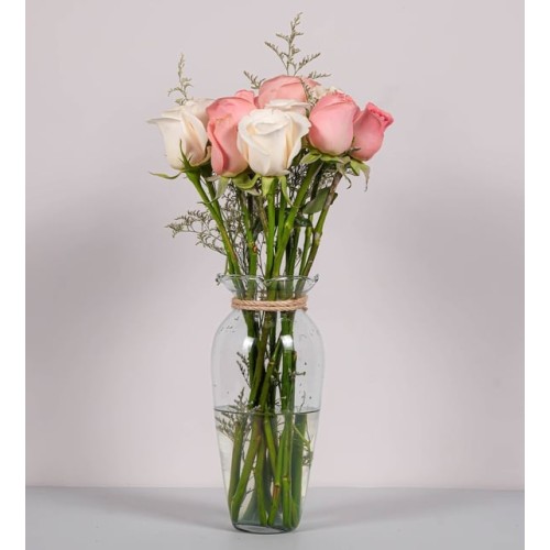 12 White And Pink Roses With Limonium