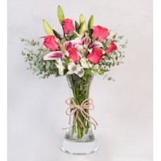 White Astromeliads, Lilies and Pink Topaz in Vase
