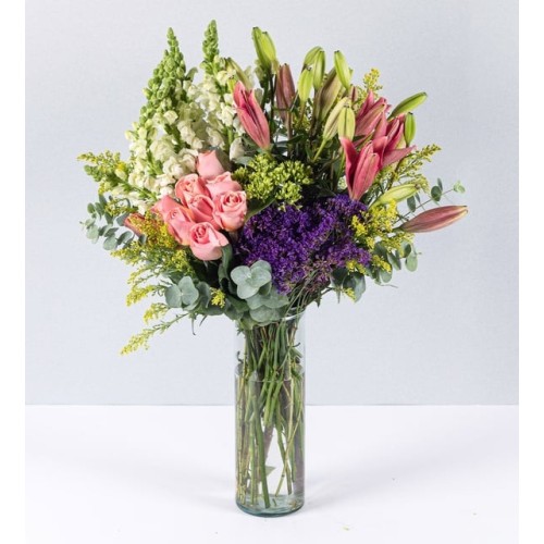 Arrangement Pink Roses Lily And Purple Details