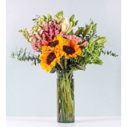 Sunflowers and Pink Dogs in Cylinder