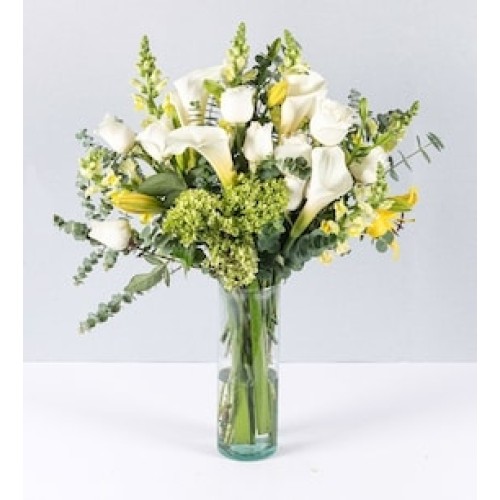 Arrangement With White Roses in Cylinder