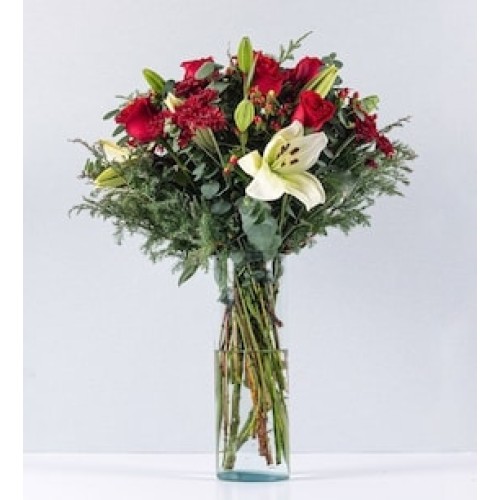 Red Roses and White Lilys in Cylinder