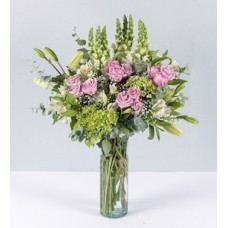 Lilac Roses and White Dog in Cylinder