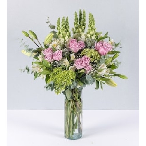 Lilac Roses and White Dog in Cylinder