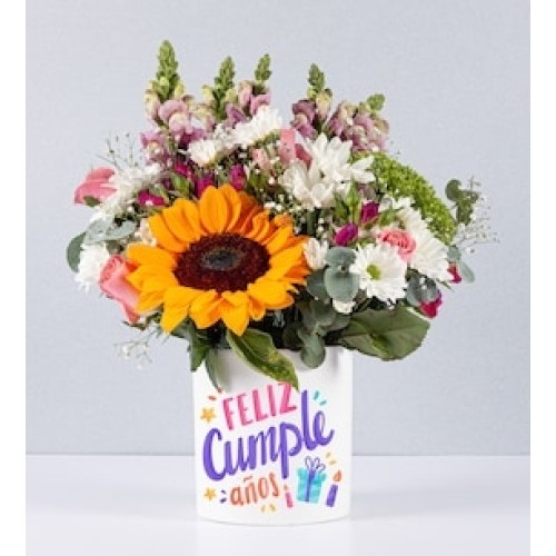 Sunflower and Daisies Pot With Birthday Sticker