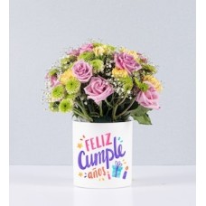 Lilac Roses and Carnations Pot With Birthday Sticker