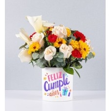 White and Autumn Pot With Birthday Sticker