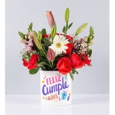 Pot Roses, Lilys and Gerberas With Birthday Sticker