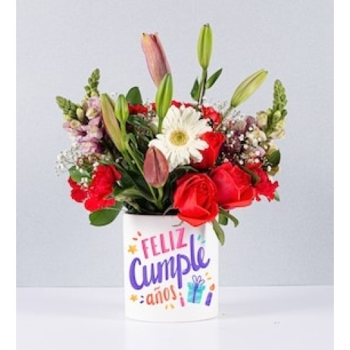 Pot Roses, Lilys and Gerberas With Birthday Sticker