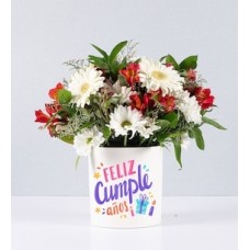 Flowerpot Daisies and Gerberas With Birthday Sticker