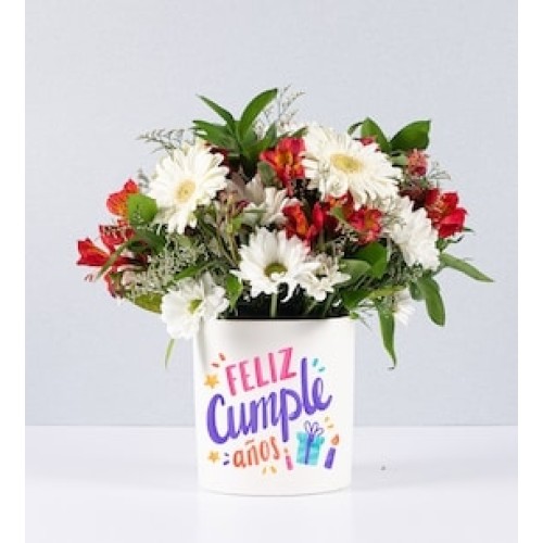 Flowerpot Daisies and Gerberas With Birthday Sticker