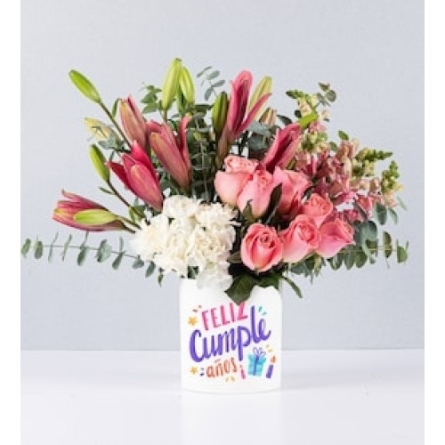 Flowerpot in Pink Tones With a Birthday Sticker