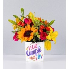Sunflower Pot and Yellow Lily With Birthday Sticker