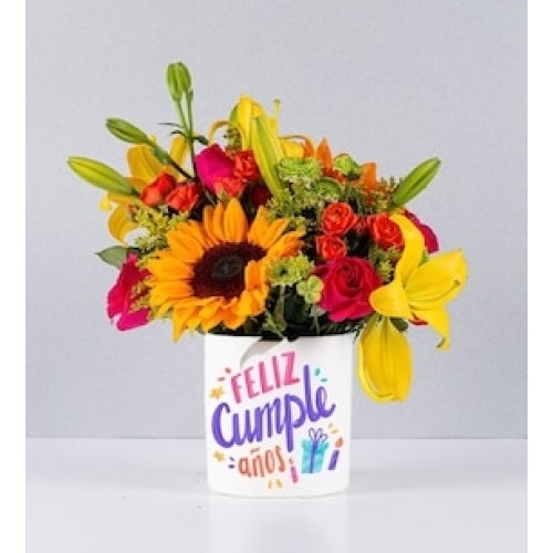 Sunflower Pot and Yellow Lily With Birthday Sticker