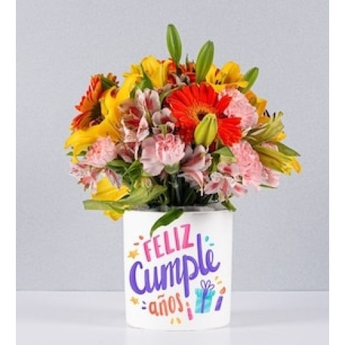 Lily, Astromelia and Orange Gerbera Pot With Birthday Sticker