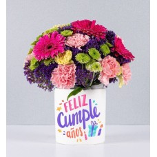Flowerpot Fuchsia Gerbras and Carnations With Birthday Sticker