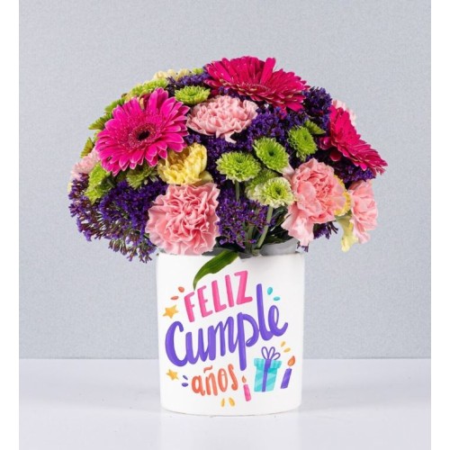 Flowerpot Fuchsia Gerbras and Carnations With Birthday Sticker