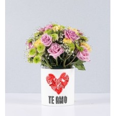 Lilac Roses and Carnations Pot With Love Sticker