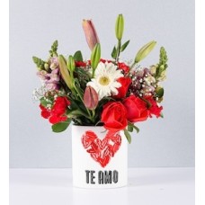 Pot Roses, Lilies and Gerberas With Love Sticker