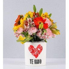 Lily, Astromelia and Orange Gerbera Pot With Love Sticker