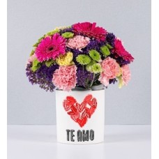 Fuchsia Gerbras and Carnations Pot With Love Sticker