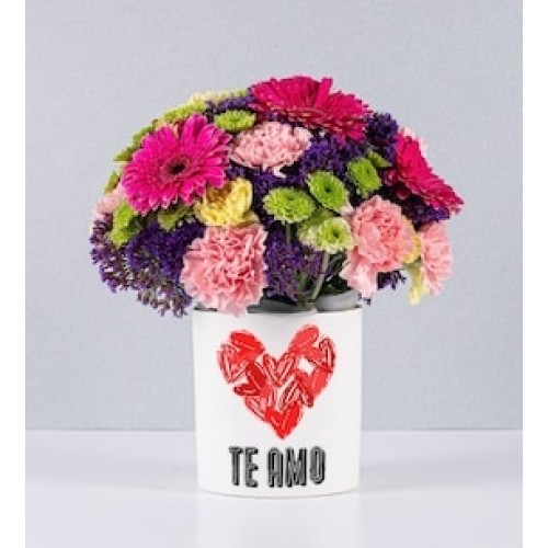 Fuchsia Gerbras and Carnations Pot With Love Sticker