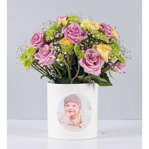 Lilac Roses and Carnations Pot With Personalized Sticker