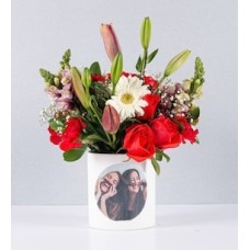 Flowerpot Roses, Lilies and Gerberas With Personalized Sticker